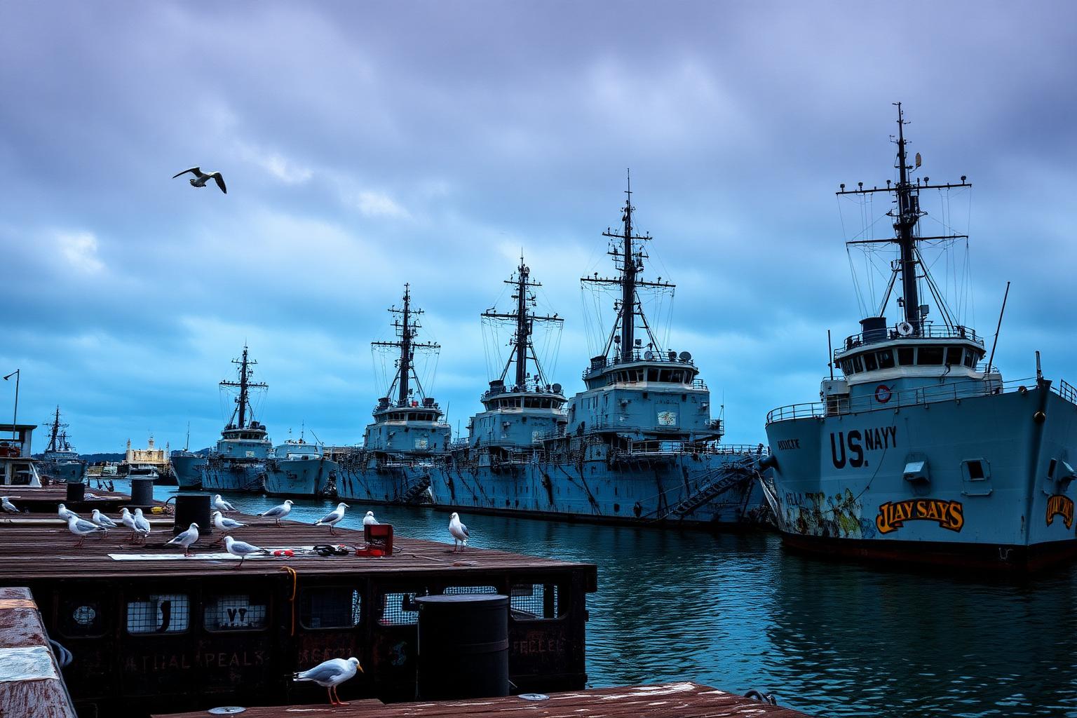 Historic Navy ships moored along the San Diego waterfront under an overcast sky