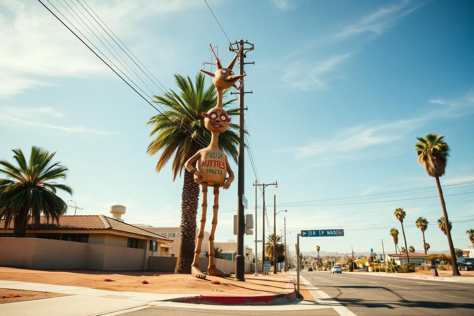 Quirky roadside sculpture on a sunny Southern California street corner with palm trees