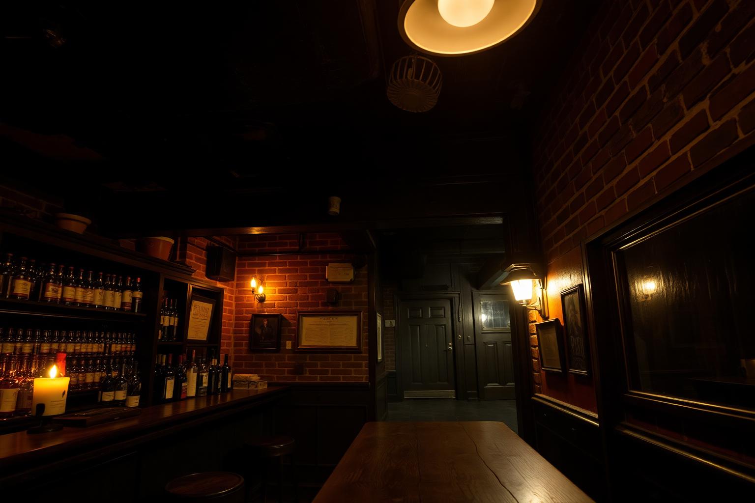 Dim historic basement bar with brick walls and lamplight in downtown San Diego