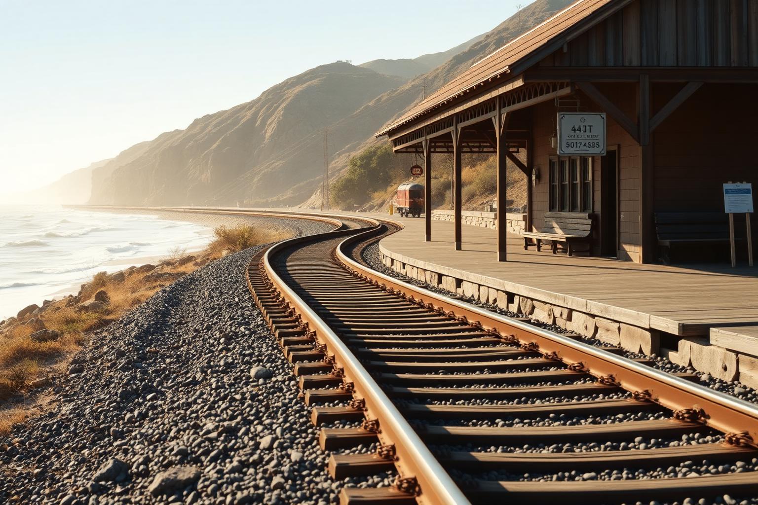 Railroad tracks curving along the Southern California coastline beside an old wooden depot