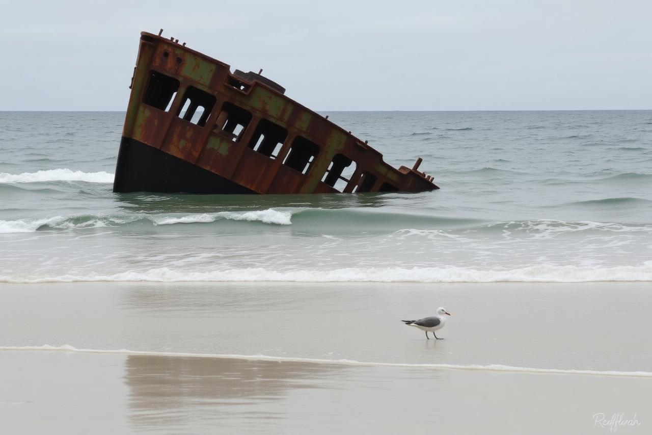 Rusted shipwreck hull half-submerged in shallow surf on a Southern California beach
