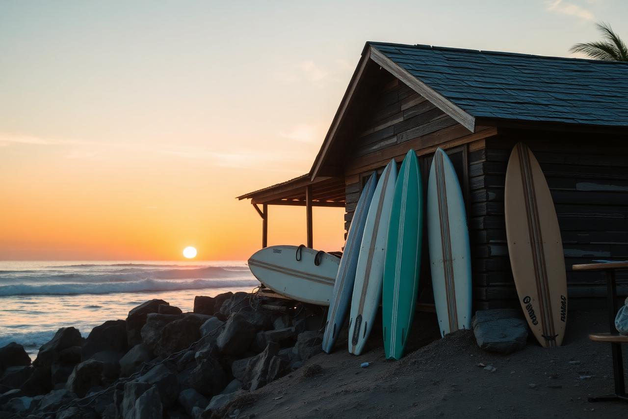Weathered wooden surf shack with longboards leaning against it above a rocky Southern California point at sunset