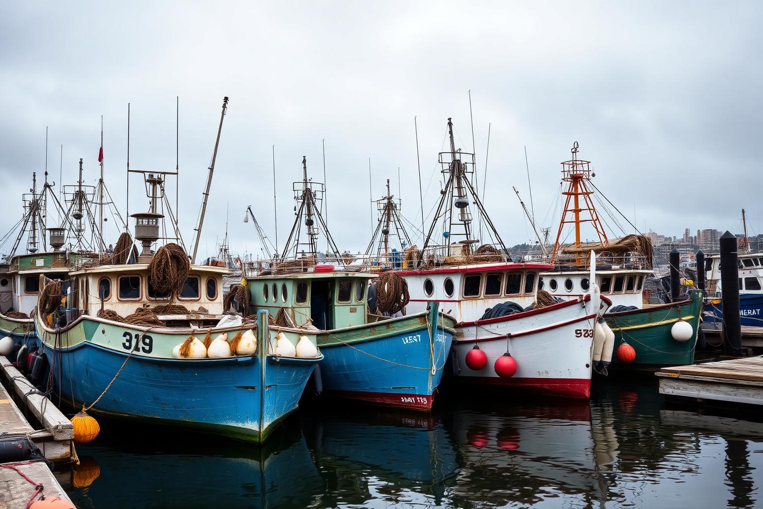Weathered commercial fishing boats moored at a San Diego harbor dock on an overcast morning