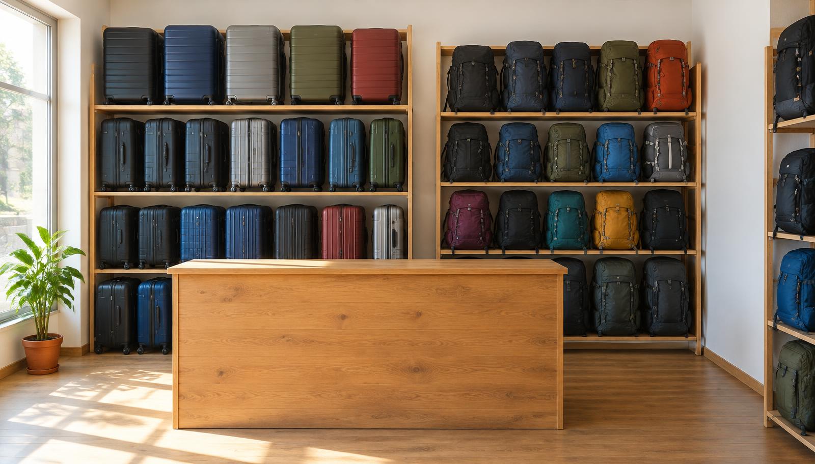 Suitcases and backpacks on shelves behind a wooden counter in a small storage shop