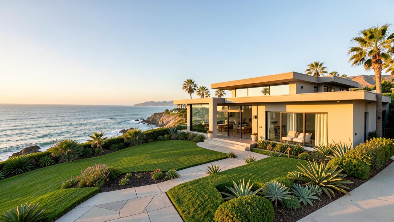 Modern luxury coastal home in La Jolla with ocean views, glass walls and manicured landscaping at golden hour