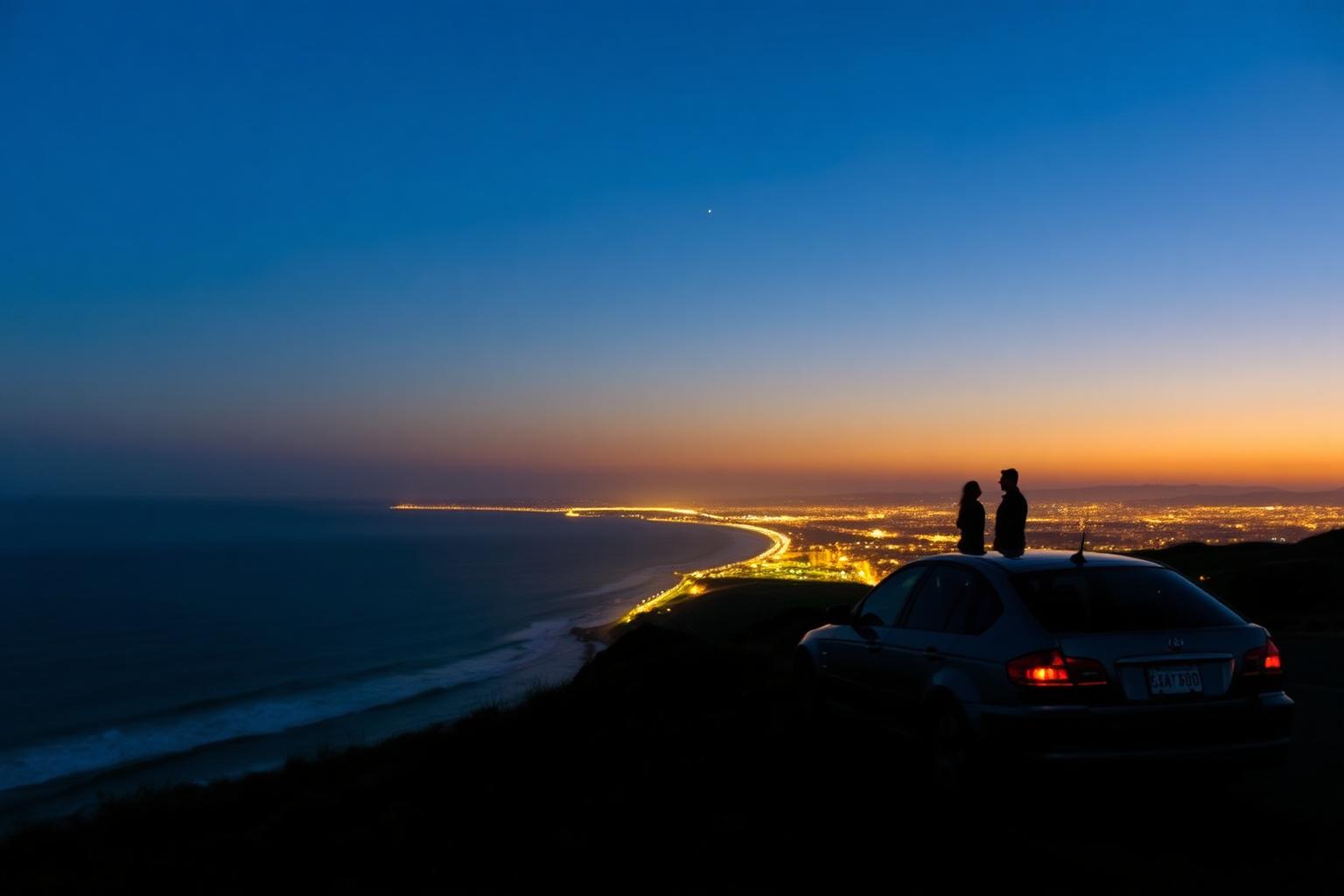 Couple silhouetted beside a parked car on a San Diego coastal bluff at dusk with city lights below