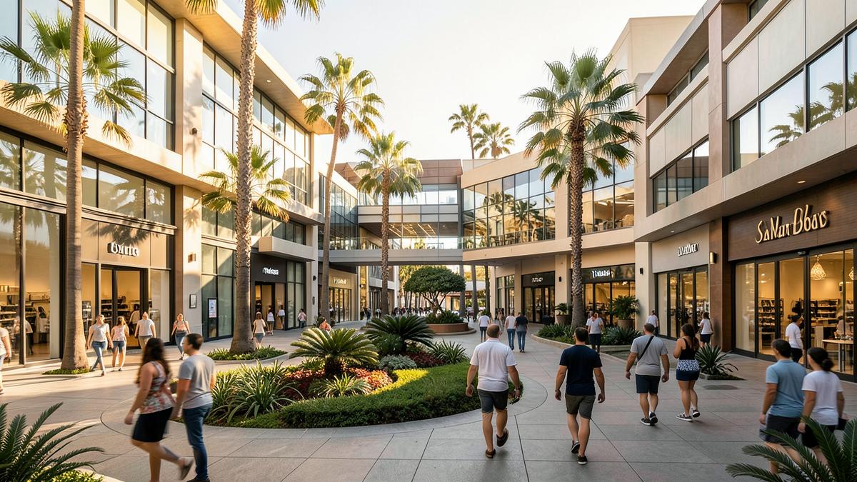 Modern open-air shopping center in La Jolla with landscaped plaza, palm trees and glass storefronts