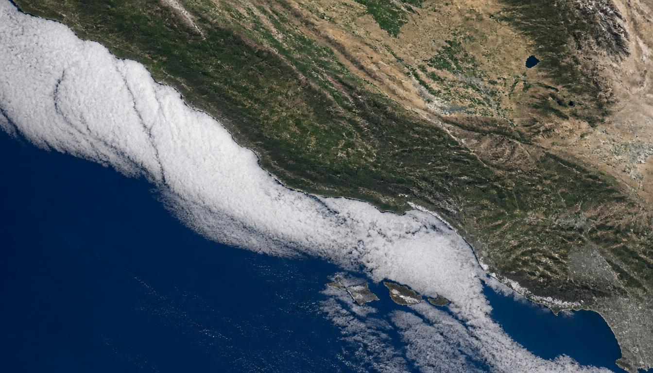 Satellite-style view of Southern California coast with a white marine layer cloud bank hugging the shoreline while inland areas remain clear and sunny