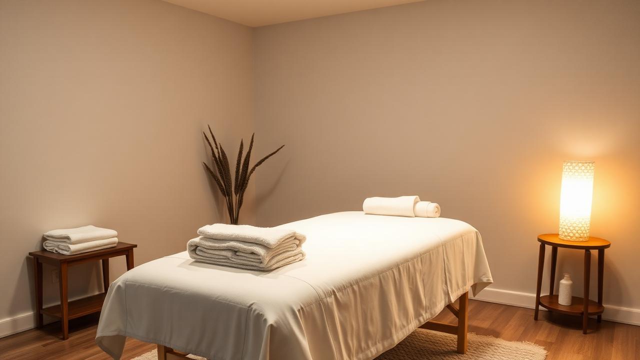 Clean massage therapy treatment room in San Diego with folded towels, a treatment table, and warm lamp light