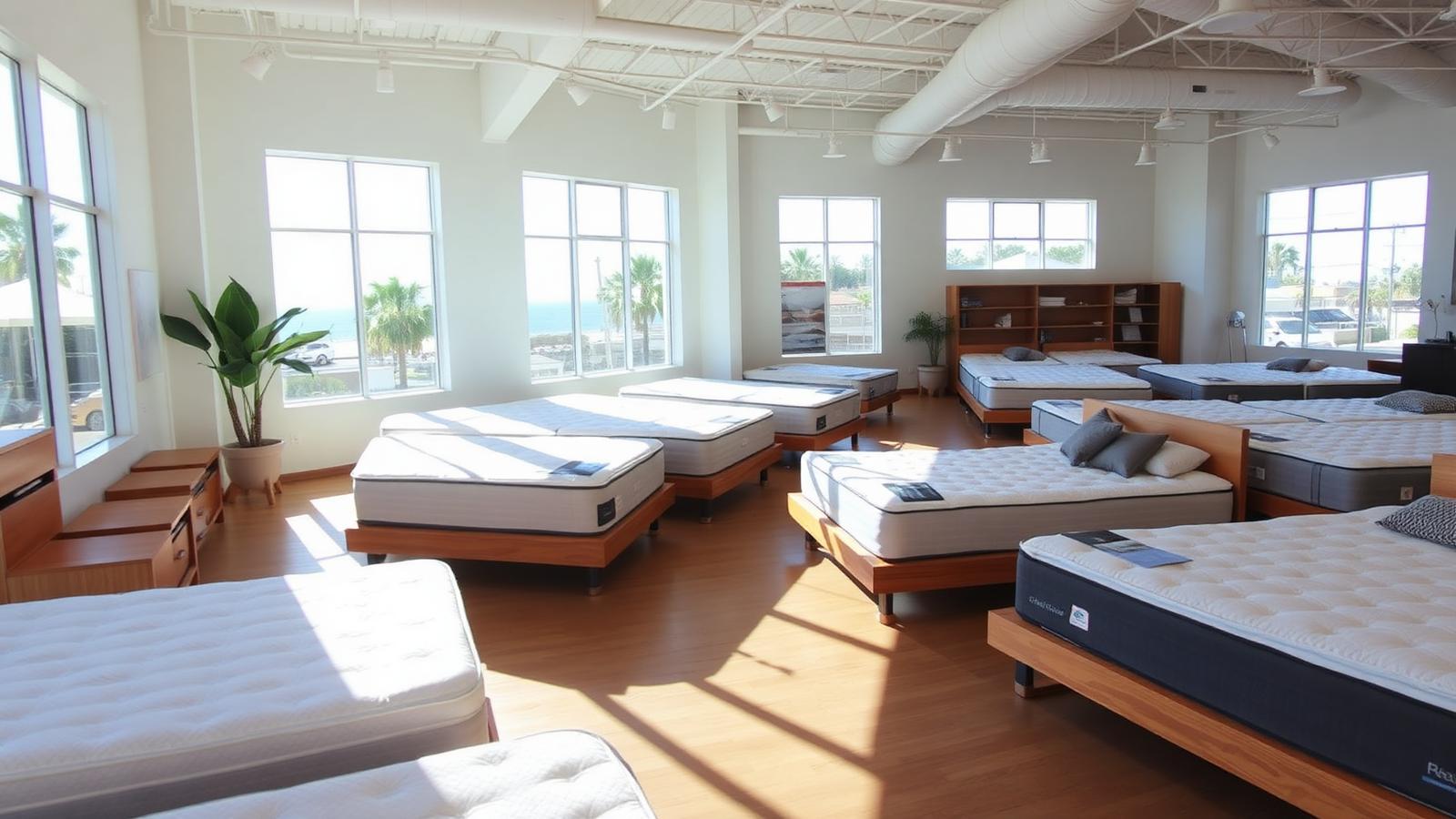 Bright San Diego mattress showroom with rows of mattresses on wooden platforms and ocean light through the windows