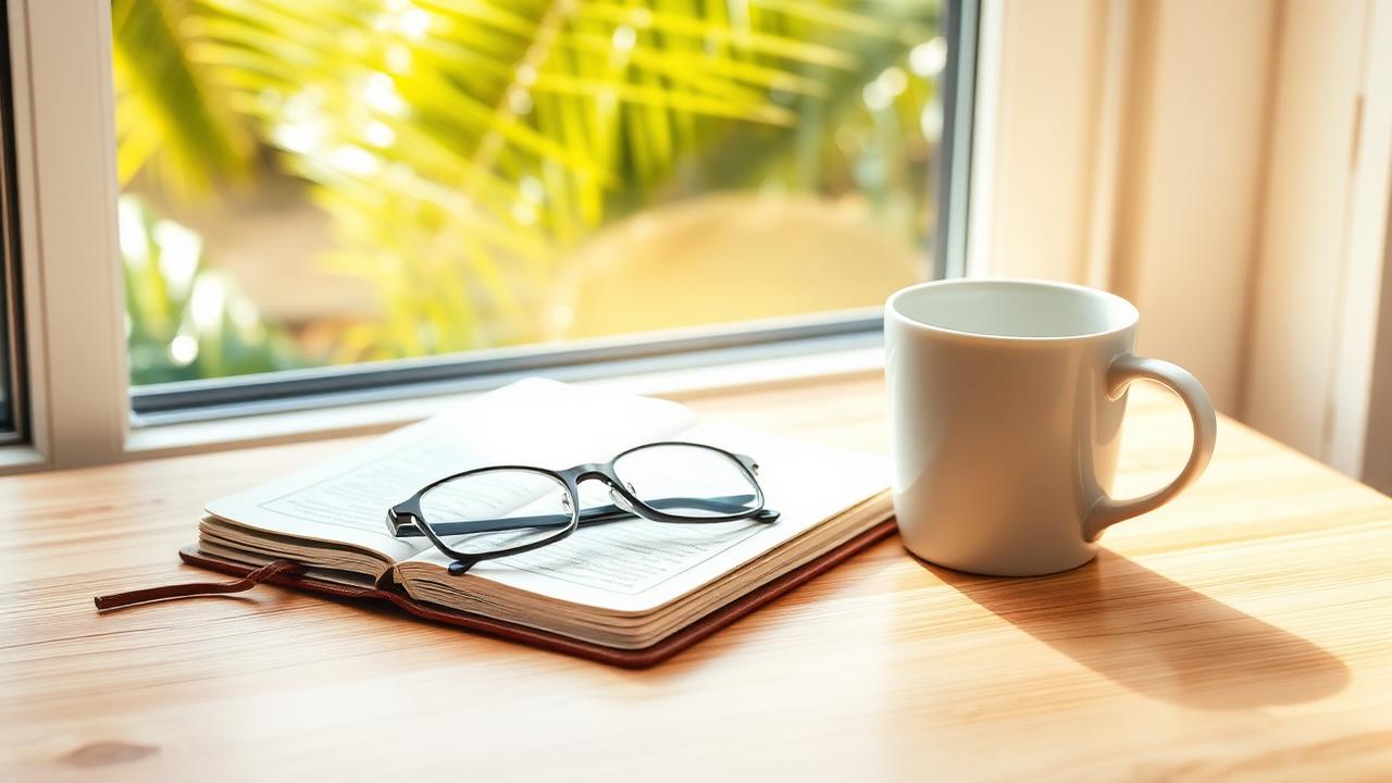 Reading glasses resting on a notebook beside a coffee mug on a sunlit table with palm fronds visible outside