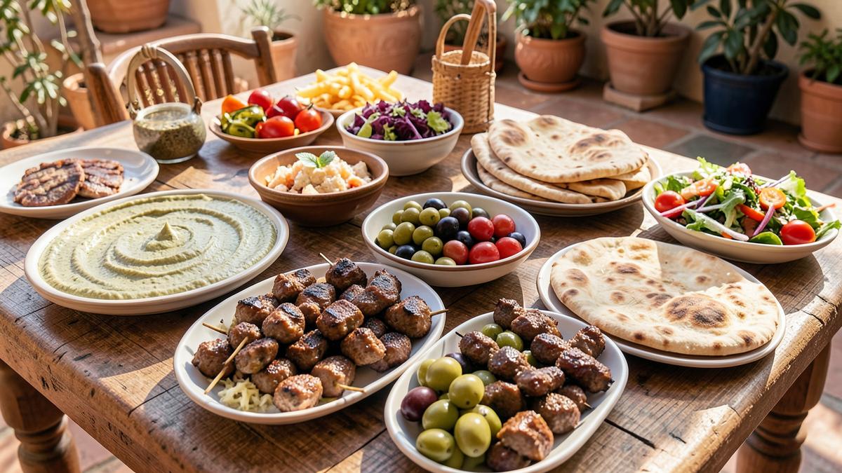 Middle Eastern grill plate with kebabs, rice and flatbread at a family-run San Diego restaurant