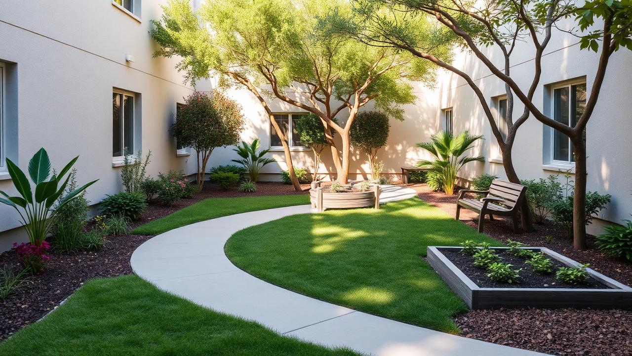 Secured memory care courtyard garden with a looping walking path, raised planter beds, and a shaded bench in San Diego