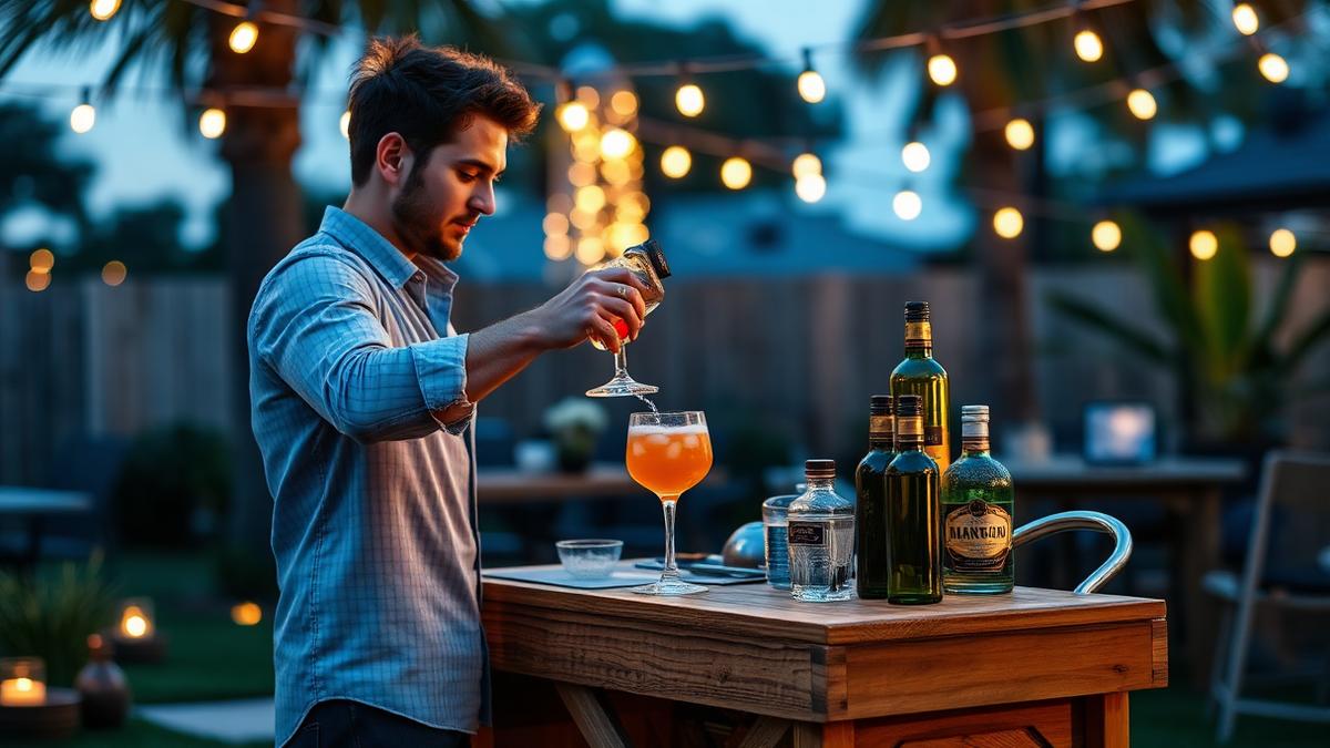A mobile bartender pouring a cocktail at a portable wooden bar at a San Diego backyard party under string lights