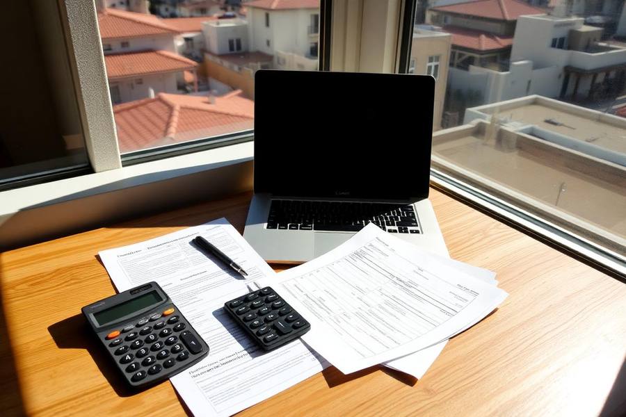 Mortgage paperwork, calculator and laptop on a sunlit desk beside a window overlooking San Diego rooftops