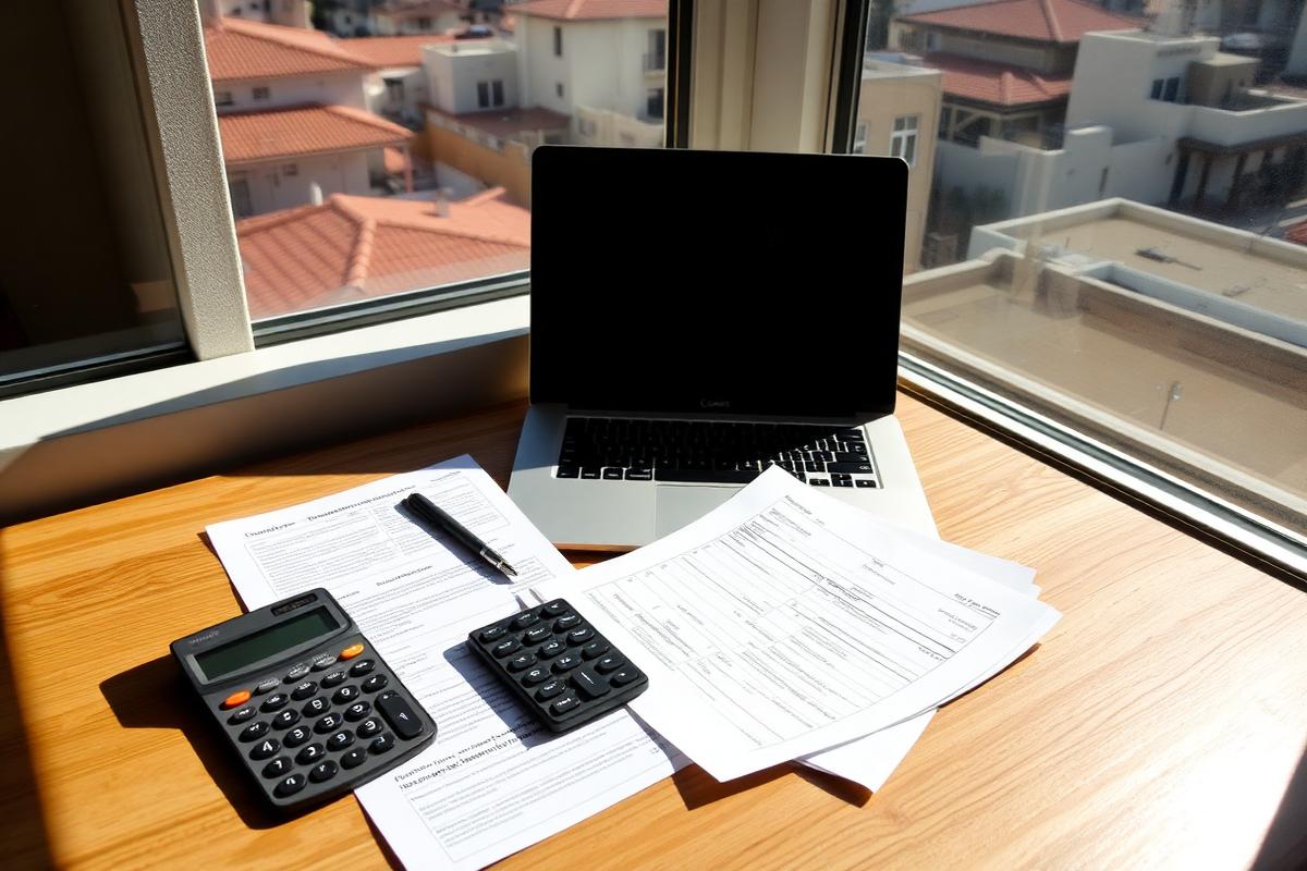 Mortgage paperwork, calculator and laptop on a sunlit desk beside a window overlooking San Diego rooftops