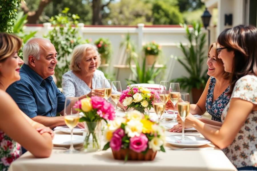 Multigenerational family celebrating Mother's Day brunch at a sunny San Diego garden terrace