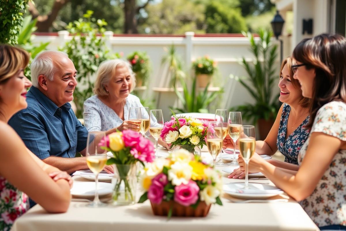 Multigenerational family celebrating Mother's Day brunch at a sunny San Diego garden terrace