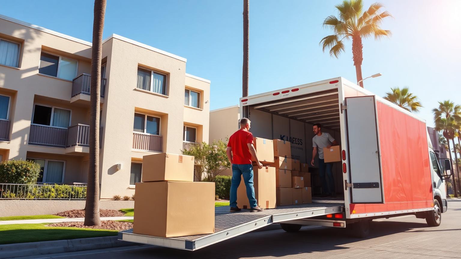 Movers loading cardboard boxes into a moving truck outside a San Diego apartment building with palm trees
