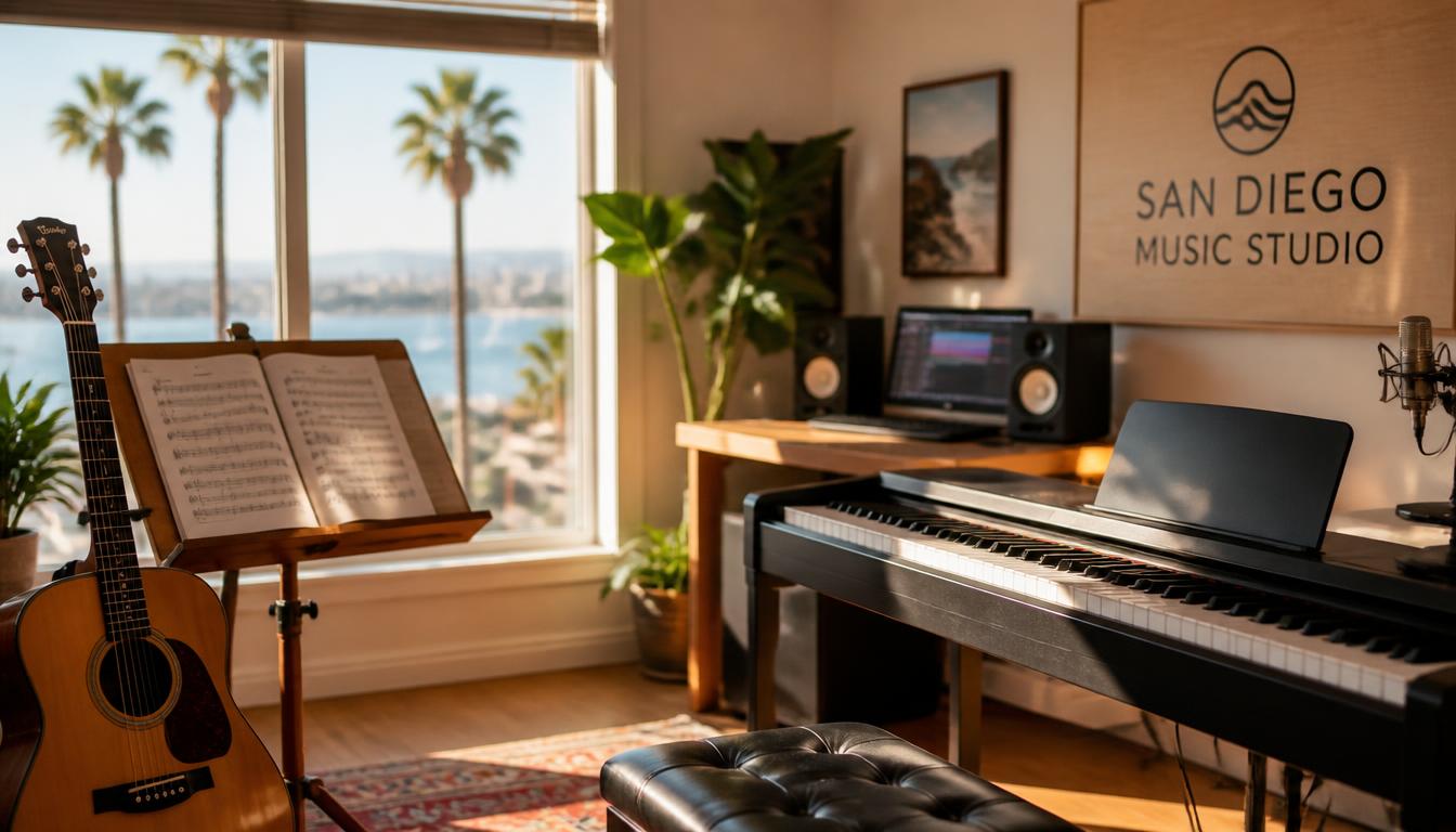 A bright San Diego music studio with guitar, keyboard, sheet music, and a view of palm trees and the bay