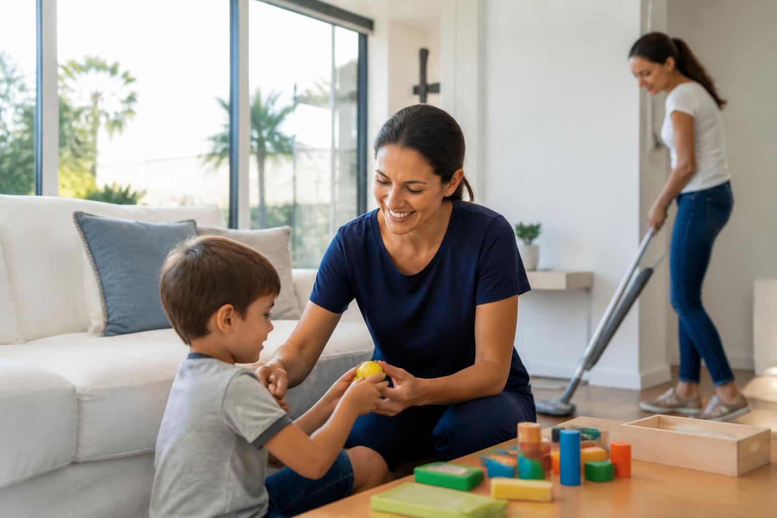 Trusted caregiver playing with a child while another helper cleans a bright San Diego home living room