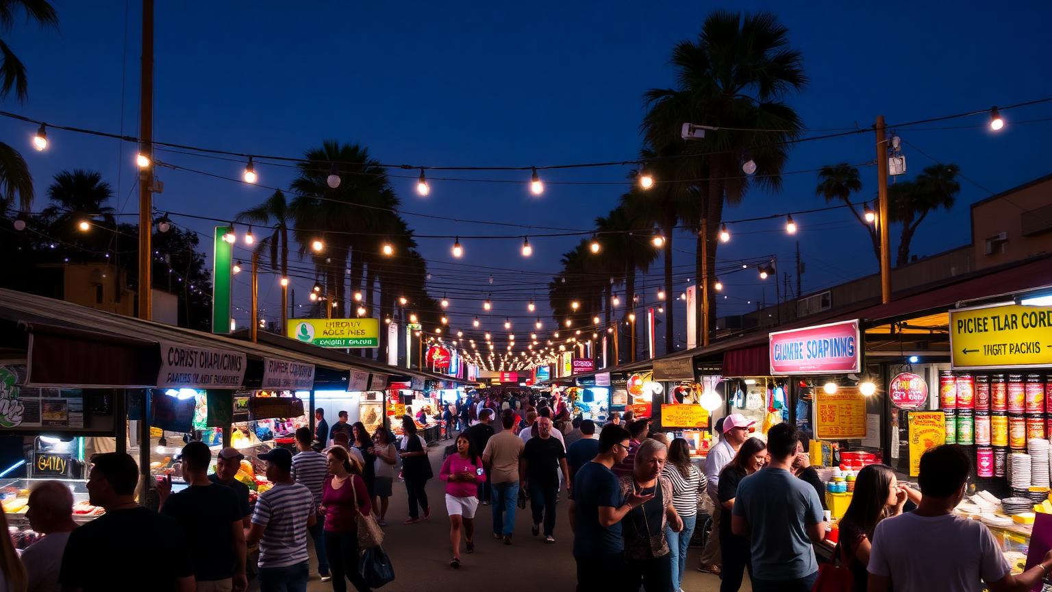 Crowds browsing lit food stalls under string lights at a San Diego night market at dusk
