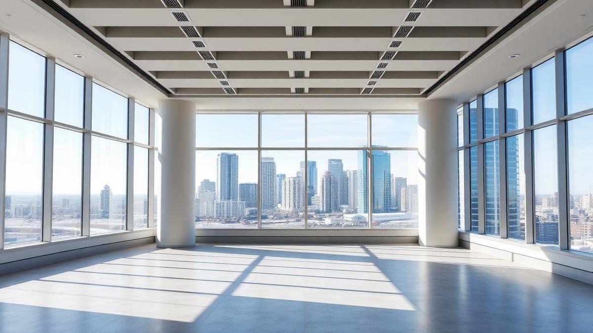 Empty modern office floor with floor-to-ceiling windows overlooking the San Diego skyline