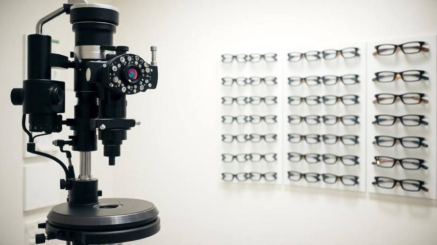 Phoropter in a San Diego optometrist exam room with a wall of eyeglass frames in the background