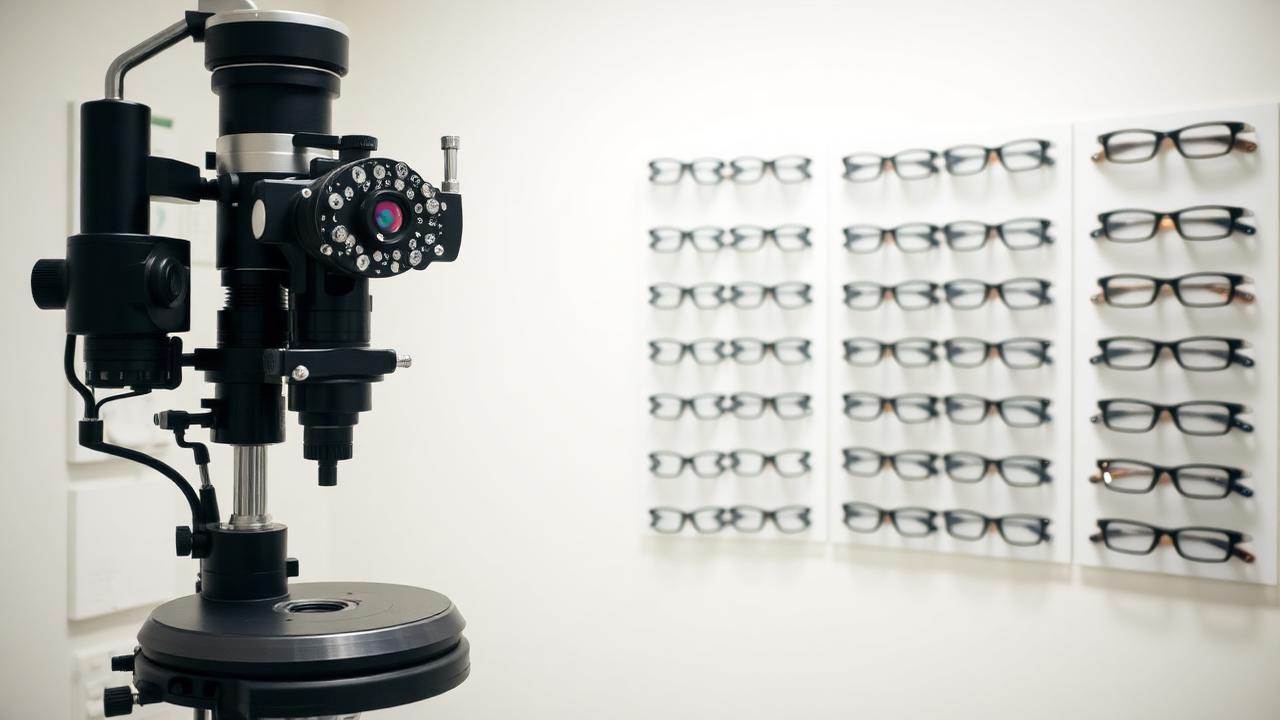 Phoropter in a San Diego optometrist exam room with a wall of eyeglass frames in the background