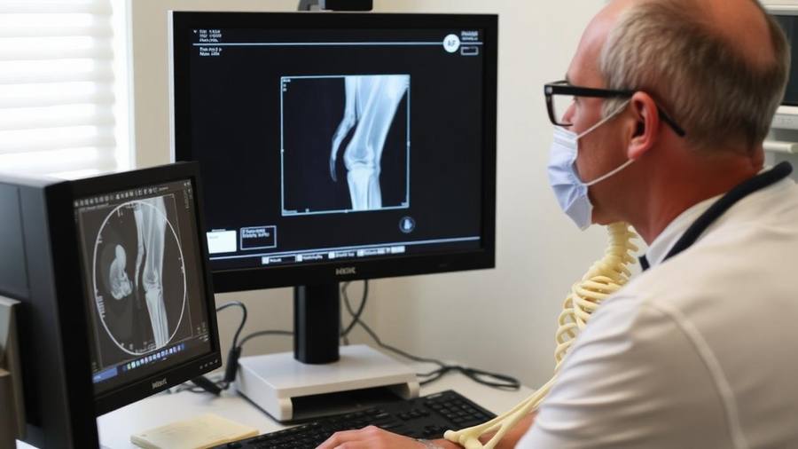 Orthopedic surgeon reviewing a knee X-ray and MRI on a monitor in a San Diego clinic office