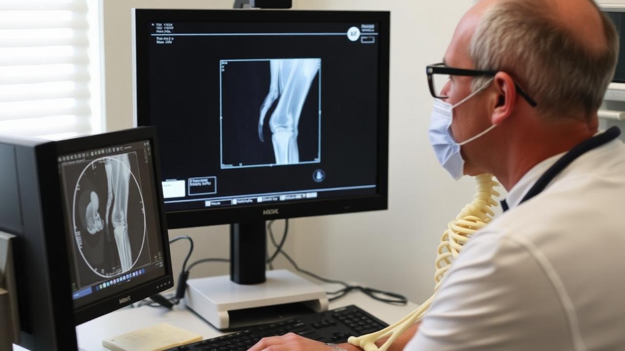 Orthopedic surgeon reviewing a knee X-ray and MRI on a monitor in a San Diego clinic office