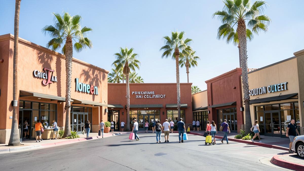 Open-air premium outlet mall in San Diego County with stucco storefronts, palm trees and shoppers carrying bags