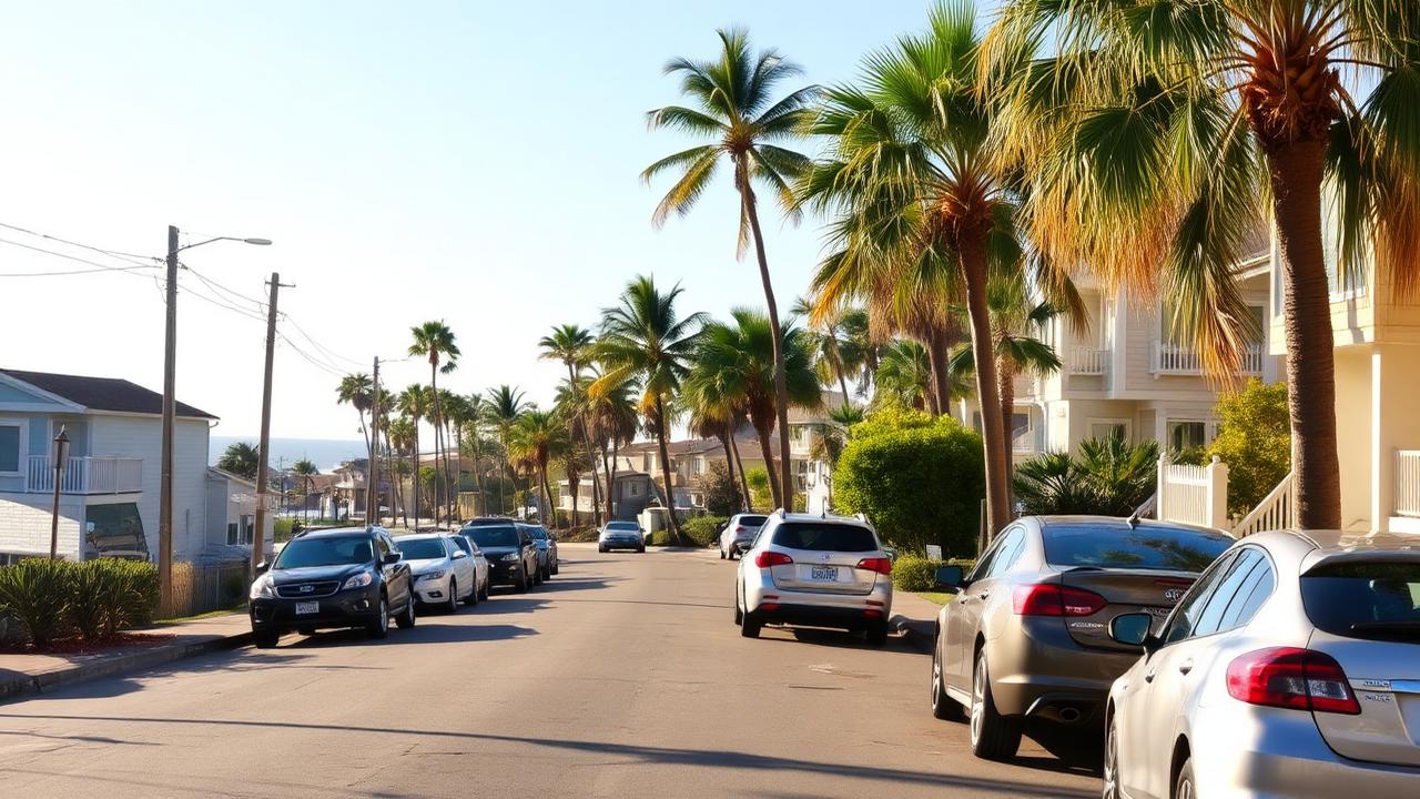Cars parked along a palm-lined residential street near the beach in San Diego on a sunny afternoon
