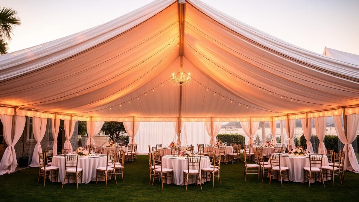 A white event tent with string lights and round tables set on a coastal San Diego lawn at golden hour