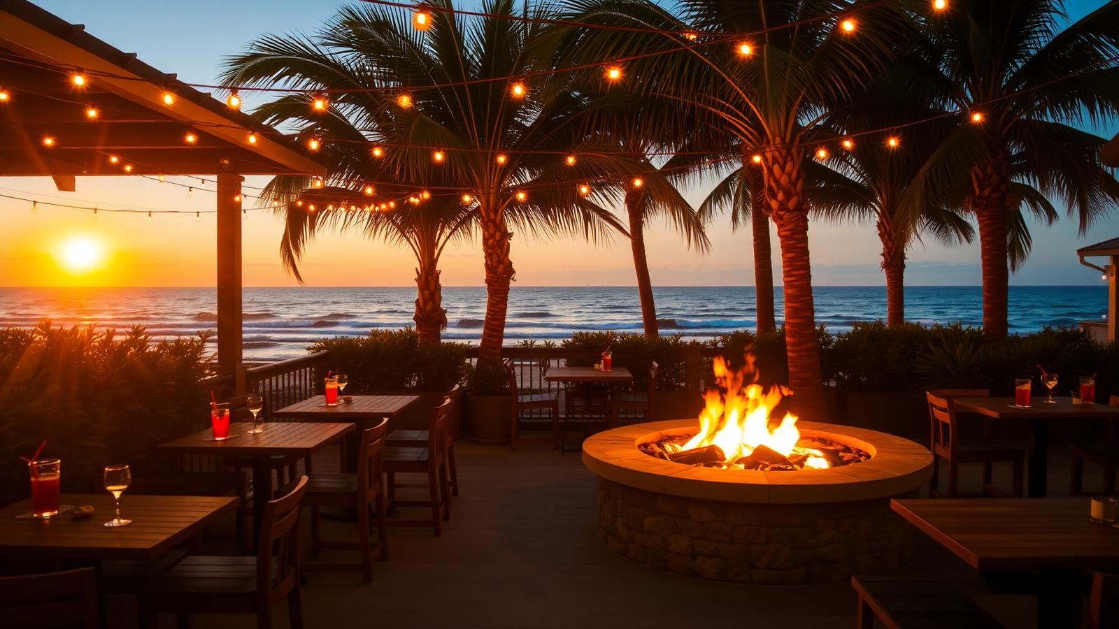 San Diego restaurant patio at golden hour with string lights, palm trees, a lit fire pit, and tables set with drinks overlooking the ocean