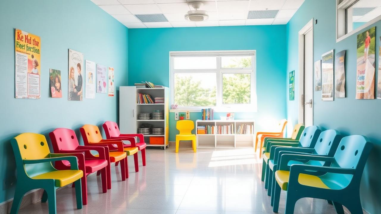 Bright, colorful pediatric clinic waiting room in San Diego with child-sized chairs and a bookshelf