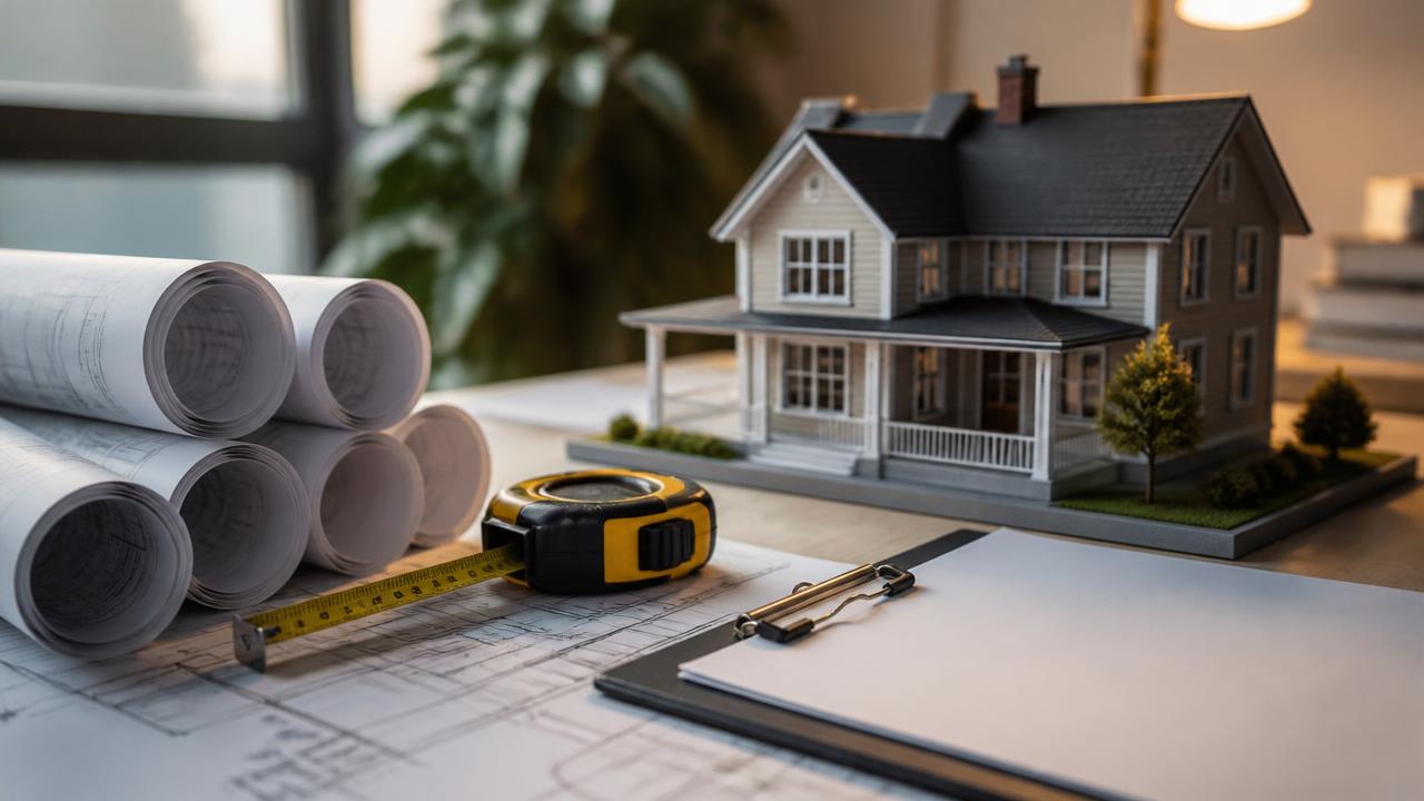 Rolled architectural blueprints, tape measure, permit clipboard, and a scale house model on a desk