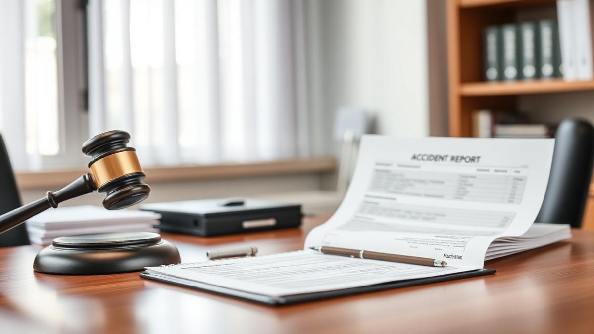 Personal injury attorney's desk with an accident report, case file and pen in a bright office