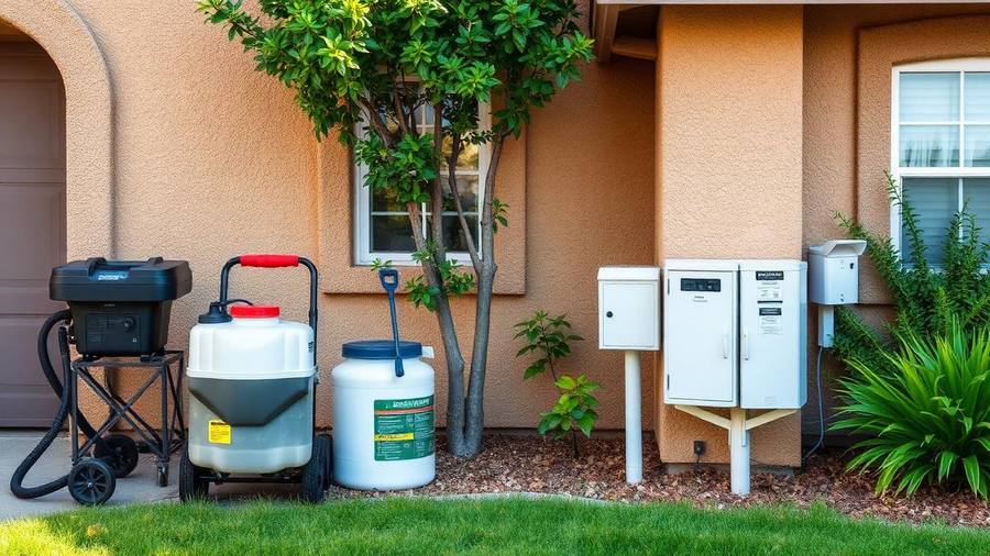 Pest control sprayer and bait station equipment set beside the exterior wall of a San Diego home