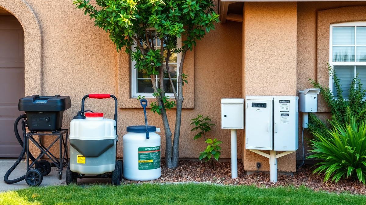 Pest control sprayer and bait station equipment set beside the exterior wall of a San Diego home
