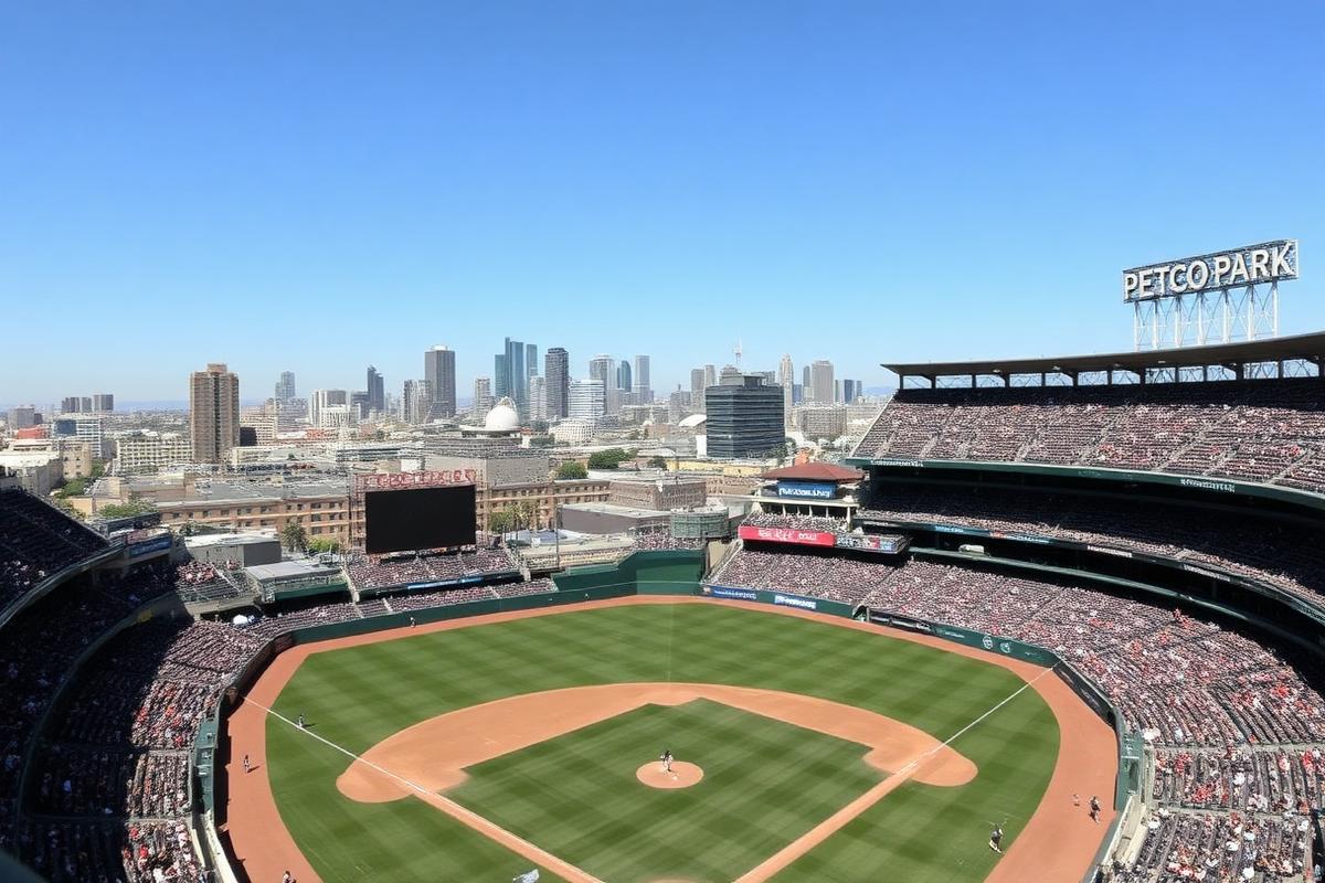 Petco Park baseball stadium in downtown San Diego during a day game with the city skyline beyond the outfield