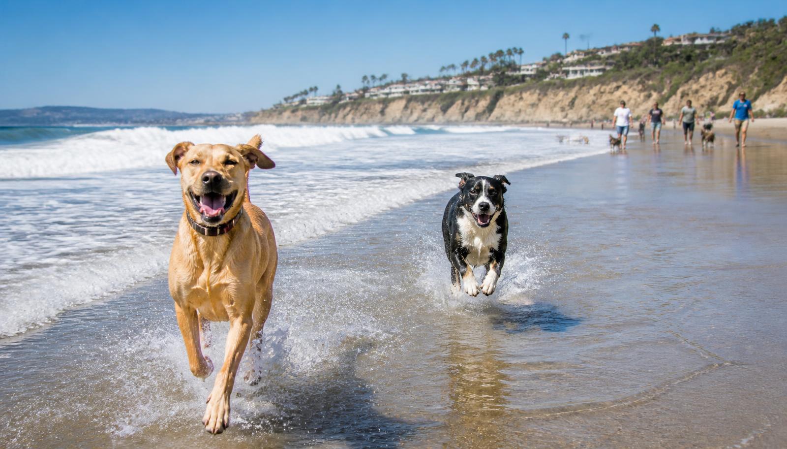 Two happy dogs running through shallow surf on a sunny San Diego dog beach
