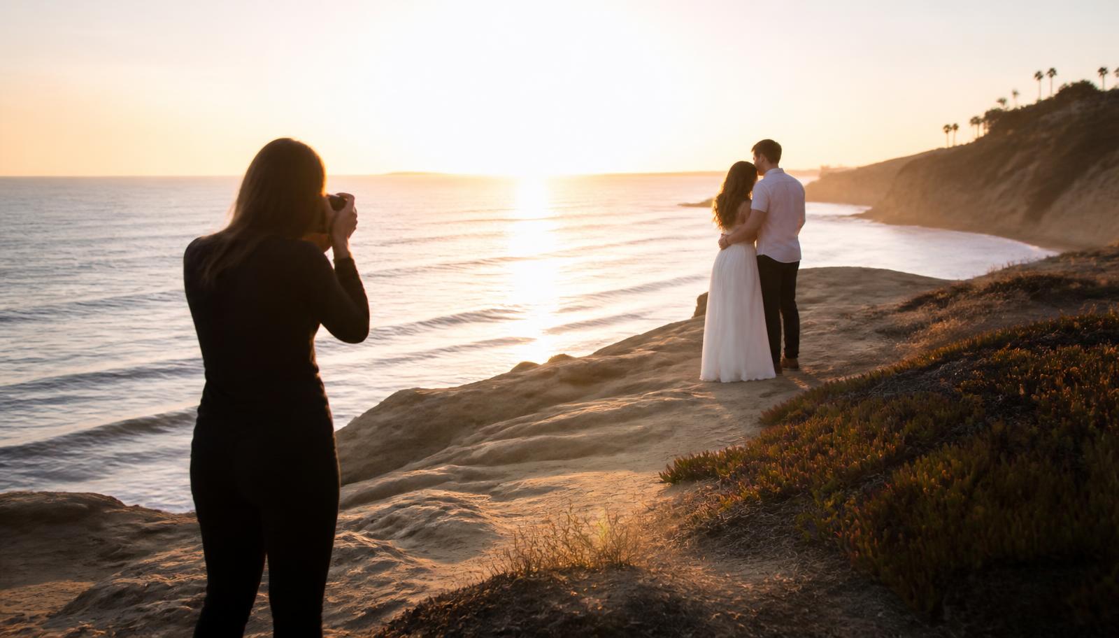 A photographer shooting an engaged couple at golden hour on a San Diego coastal bluff above the Pacific Ocean