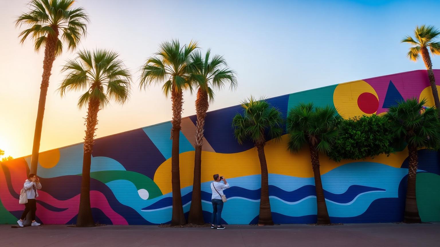 Photographer shooting a colorful palm-lined mural wall in San Diego at golden hour
