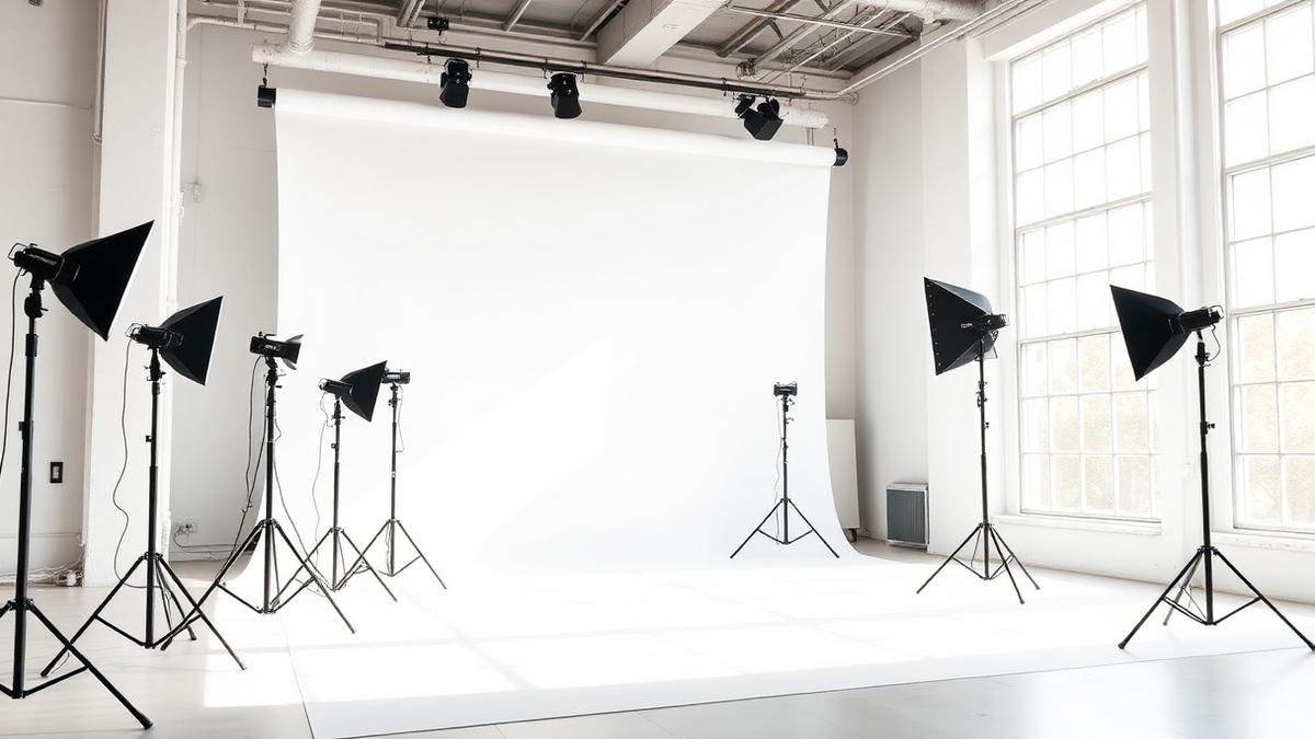 A white cyclorama photo studio in San Diego with strobe lighting on stands and large industrial windows