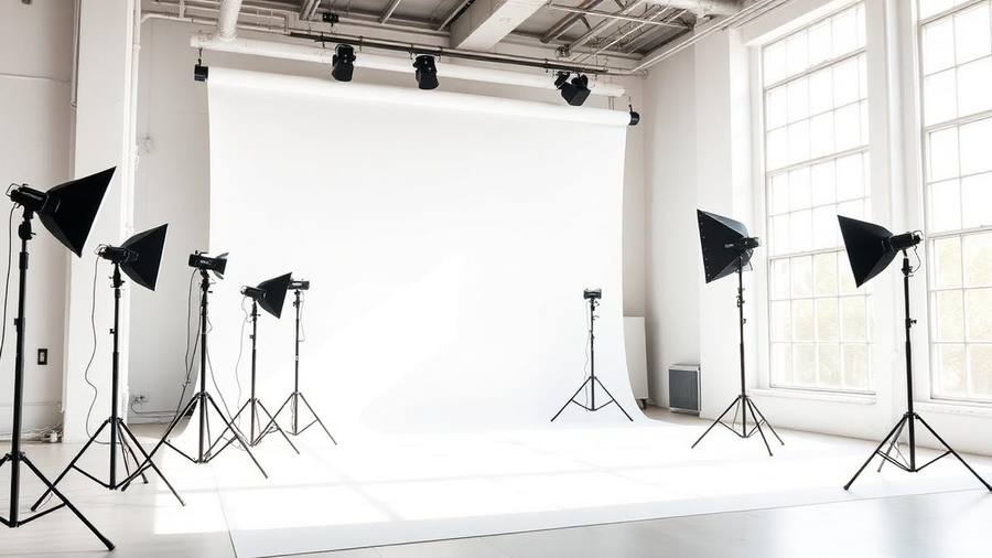 A white cyclorama photo studio in San Diego with strobe lighting on stands and large industrial windows
