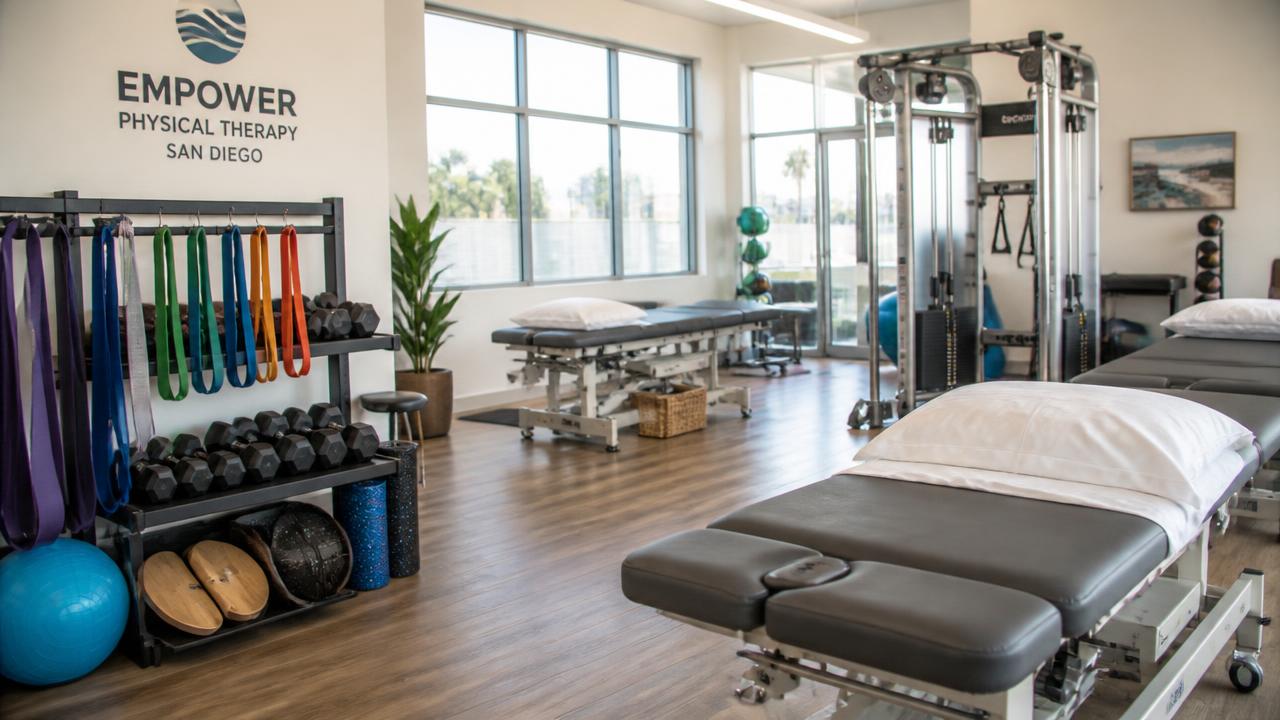 Physical therapist guiding a patient through a knee exercise in a bright San Diego rehabilitation gym