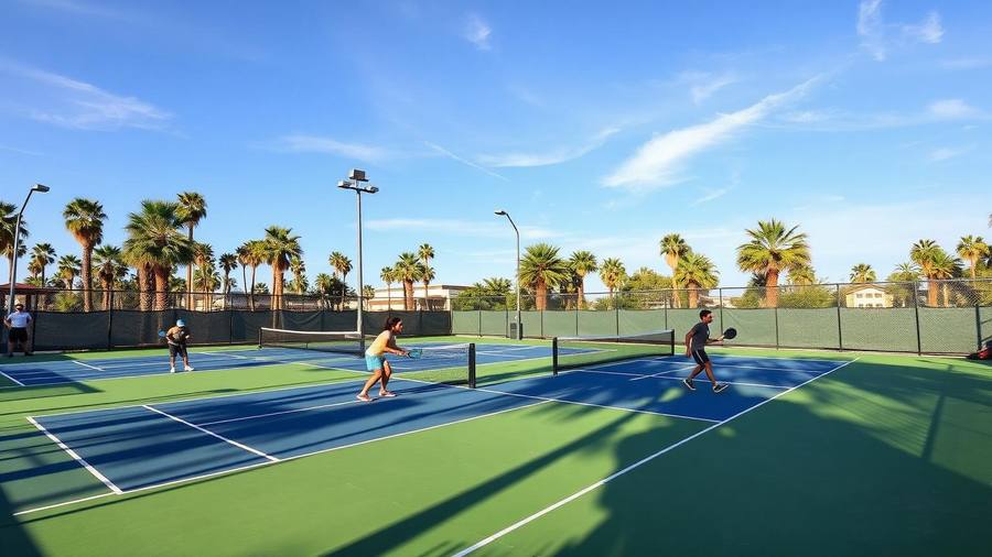 Players rallying on outdoor pickleball courts in San Diego with palm trees and blue sky