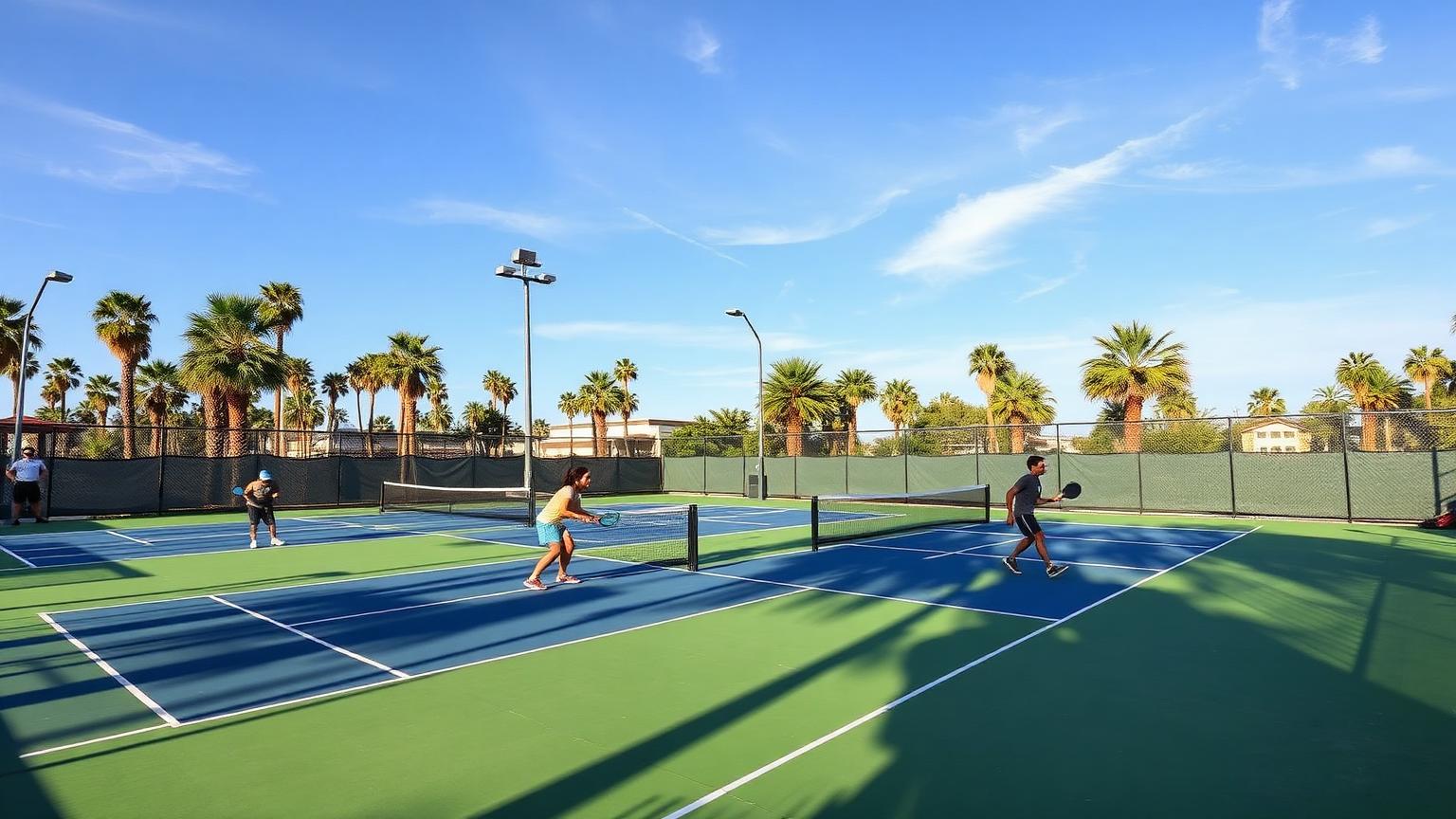 Players rallying on outdoor pickleball courts in San Diego with palm trees and blue sky