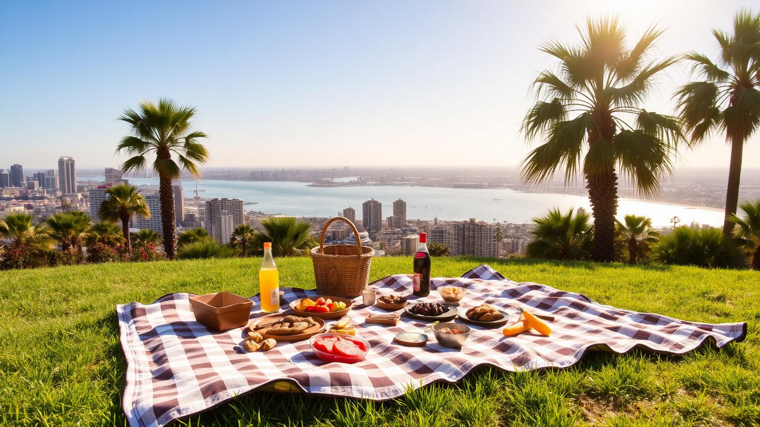 Picnic blanket with food on green grass overlooking San Diego bay and the downtown skyline